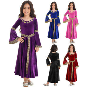 Kids Girls Medieval Renaissance Princess Costume Velvet Vintage Dress Ball Gown