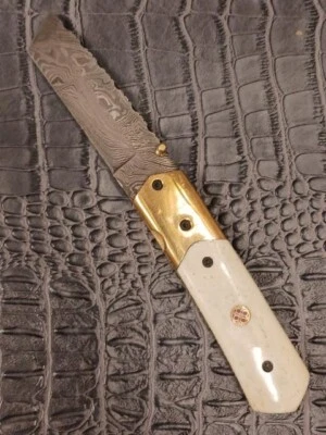 Cattle Bone Handle Damascus 1095/15n20 Steel Tanto Pocket Knife - Image 1 of 4