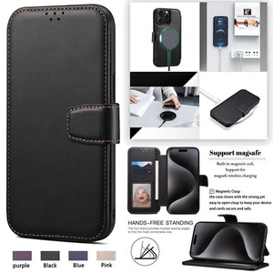 Funda de cuero con ranura para tarjeta billetera Magsafe para iPhone 15 Plus 14 Pro Max resistente - Imagen 1 de 47