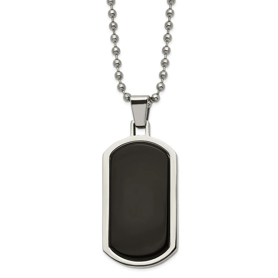 Stainless Steel Polished Black Agate Inlay 22in Dog Tag Necklace - Image 1 of 1