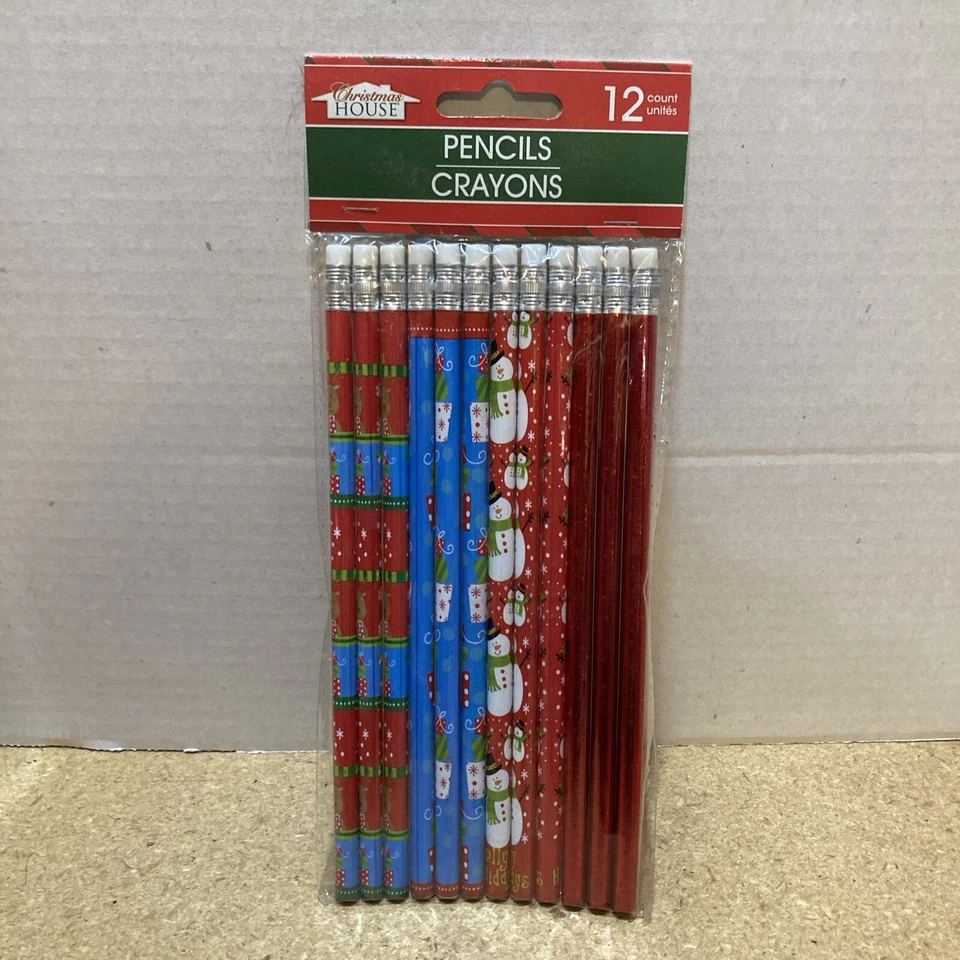 Рождественские цветные деревянные карандаши #2 HB свинец с ластиками 12 карандашей/упаковка - Изображение 1 из 1