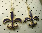 Vintage Gold Tone Purple Enamel Flar De Lis Drop Dangle Hook Earrings