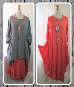 NEU MIT ETIKETT, AUSGEFALLENES LAGENLOOK, KORALLE, JERSEY, BALLONKLEID, DRAPIERTE SEITEN, EINHEITSGRÖSSE - Bild 1 von 9