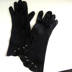 Vintage Womens Size M/L 8 Black Formal Cotton Gloves Embroidered w Pearls 11" - Picture 1 of 3