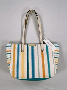 Calvin Klein Dilan Tote Womens Organizational Pebble Bag White Aqua Striped NWT - Picture 1 of 9