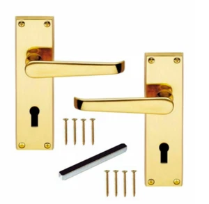 Door Handles LOCK Brass Finish Modern Victorian Straight Internal External D1 - Picture 1 of 13