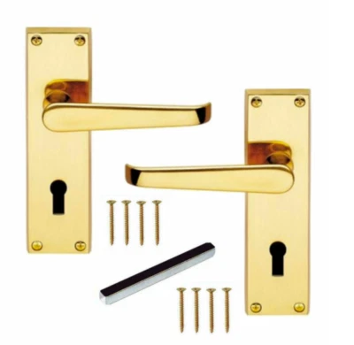 Door Handles LOCK Brass Finish Modern Victorian Straight Internal External D1 - Image 1 of 4