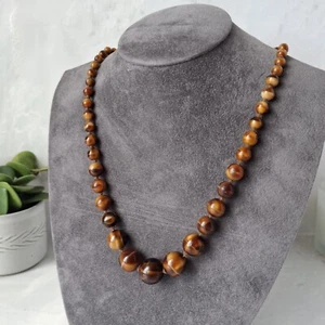 Brown Faux Agate Glass Bead Necklace Vintage Knotted Graduated Retro Marble - Picture 1 of 18