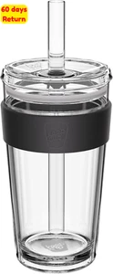 Longplay 16Oz Double Wall Glass Cold Cup with Boba Straw & Lid Reusable Black - Picture 1 of 12