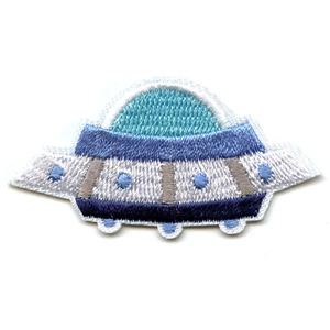 Small Blue UFO Alien Spaceship Embroidered Iron On Patch - Picture 1 of 2