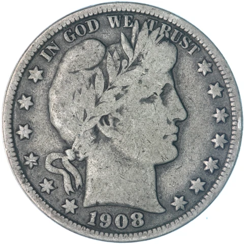 1908 (P) Barber Half Dollar 90% Silver Very Good VG See Pics A308 Cover