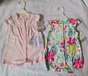 Carters 3 Mths 2 Pack Neon Tropical Flower Pink Stripe Elephant Snap Rompers NWT - Picture 1 of 10