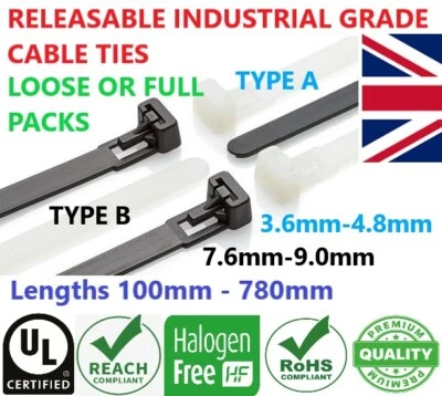 COMPAKT Releasable Reusable Cable Zip Ties Wraps Black Natural Nylon 100mm-780mm FREE PP
