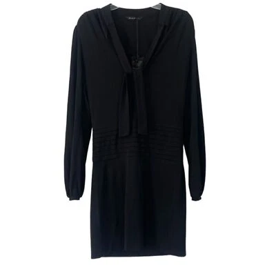 Black Halo Dress Black Long Sleeve Sheath Dress Tie Neck Pleated Size Medium New - Image 1 of 4