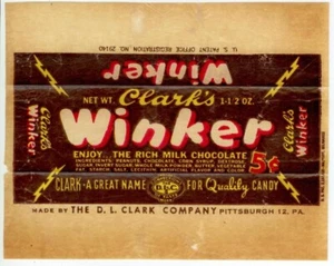 c1940s 5c Clark's Winker candy bar wrapper -  D L Clark, Pittsburg Pennsylvania - Picture 1 of 2