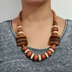 Vintage Wood Bead Necklace Statement Chunky Boho Natural - Bild 1 von 4