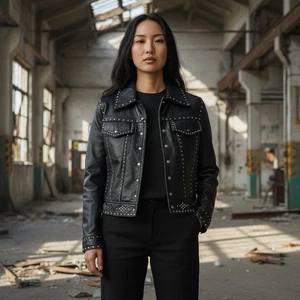 Vintage WILSONS LEDER MAXIMA Trucker Jacke Mantel schwarz Nieten Strass M - Bild 1 von 11