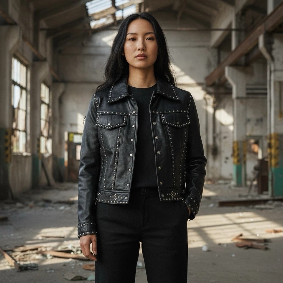 Vintage WILSONS LEATHER MAXIMA Trucker Jacket Coat Black Studded Rhinestone M - Image 1 of 4