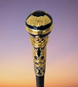 Cane Blue Victorian Style Knob Handle Gilded Filigreed Walking Stick Steampunk - Picture 1 of 11