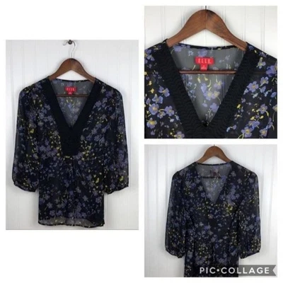 Top para mujer ELLE estampado floral de gasa transparente ligero popover cuello hundido XS Foto 1 de 4