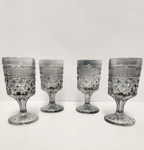 Vintage Smoky Gray Pressed Glass Goblets Set of 4 – Diamond Point Pedestal - Picture 1 of 6