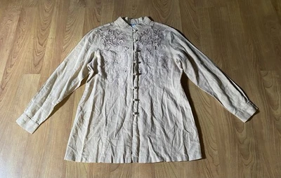 ¡Juntos! Camisa estilo kimono bohemio para mujer 16 lino tostado encaje botón delantero Foto 1 de 4