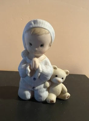 HOMCO #1433 Blue Porcelain Figurine Kneeling Boy w/ Bear Saying Bedtime Prayers - Image 1 of 2