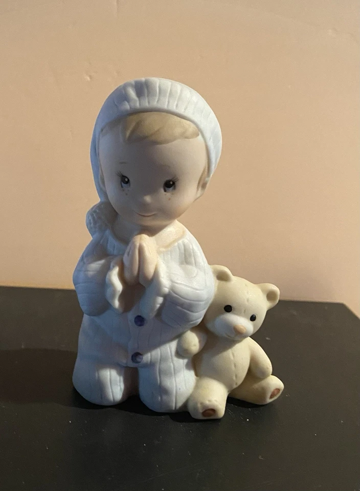 HOMCO #1433 Blue Porcelain Figurine Kneeling Boy w/ Bear Saying Bedtime Prayers - Image 1 of 2