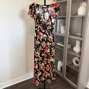 RIXO Marisa Midi Dress NEW Black Multicolor Floral Tie Square Neckline NWT XS - Picture 1 of 7