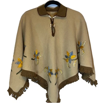 Poncho de lana bordado con flecos vintage años 70 capa beige flores para mujer OSFM Foto 1 de 4