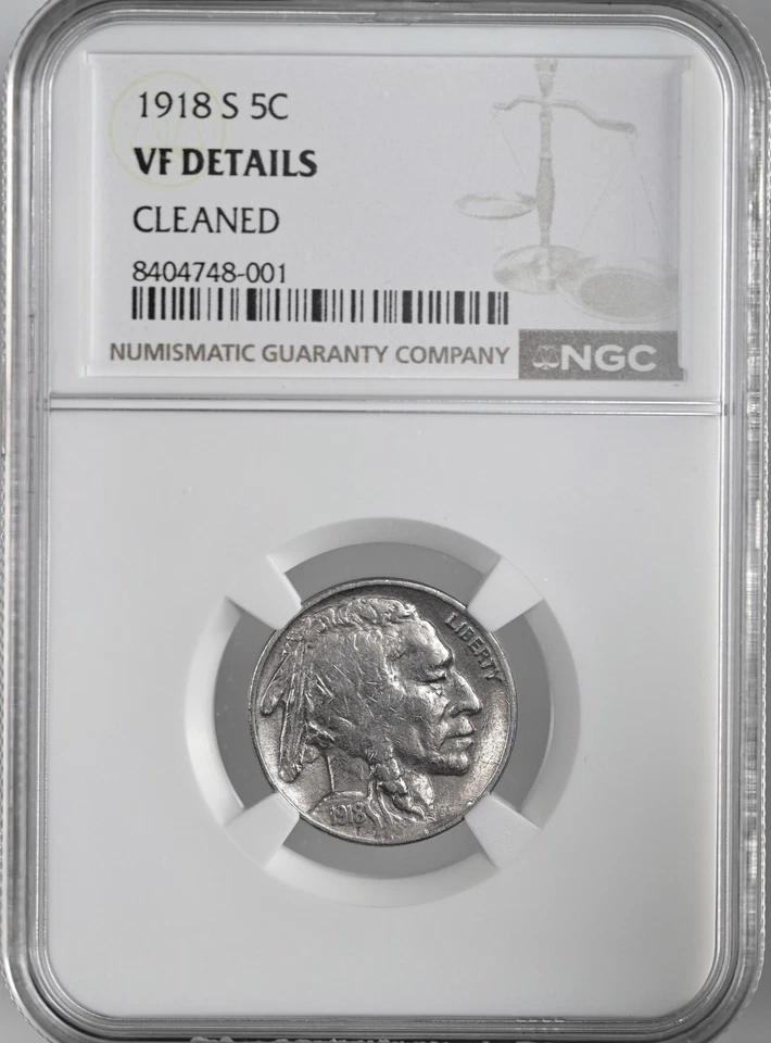 1918-S   5C BUFFALO NICKEL  NGC VF DETAILS "CLEANED"   #8404748-001 - Image 1 of 4