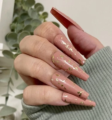 Nude Gold Flakes Press On False Nails | Reusable 20P Set | Premium Nail Glam - Image 1 of 4
