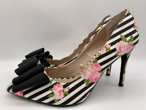Betsey Johnson Women's US 6 Bret Black White Stripe Pink Roses Bow Pumps Heels - Picture 1 of 10