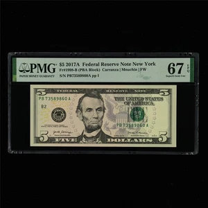 2017A Federal Reserve Note New York 5 Dollars Fr#1998-B PMG 67 EPQ UNC - Picture 1 of 4