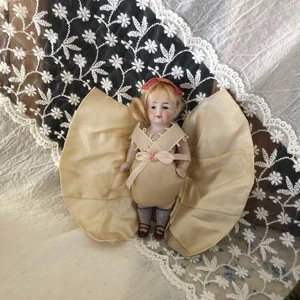 Antique French Miniature Fairy Bisque Doll Mignonette Silk Wings w/case Used - Picture 1 of 8