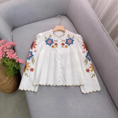 Embroidery Flower Round Neck Retro Cotton Linen 3/4 Sleeve Shirt Top Women New - Image 1 of 4