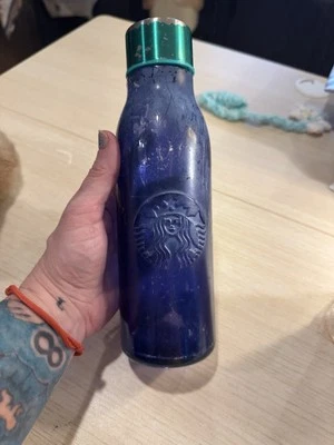 Starbucks Blue Recycled Glass Siren Glass Bottle Green Lid 20oz Distressed - Image 1 of 4