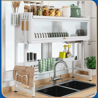 Space Saving Over The Sink Dish Drying Rack with Cover Large 3 Tier Dish Drainer