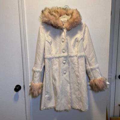 Y2K искусственной замши меха отделки с капюшоном пальто кремовый розовый шерпа с подкладкой гламурная зимняя куртка - Изображение 1 из 4