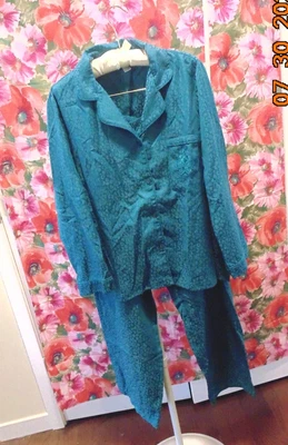 Miss Elaine Pajamas Set Teal Two Piece Notch Top Pull On Pants Lounge -Women M - Image 1 of 4