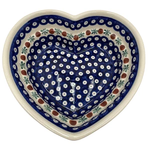 Boleslawiec Polish Pottery 8" Heart Shaped Serving Dish Mosquito Pattern Blue - Picture 1 of 8