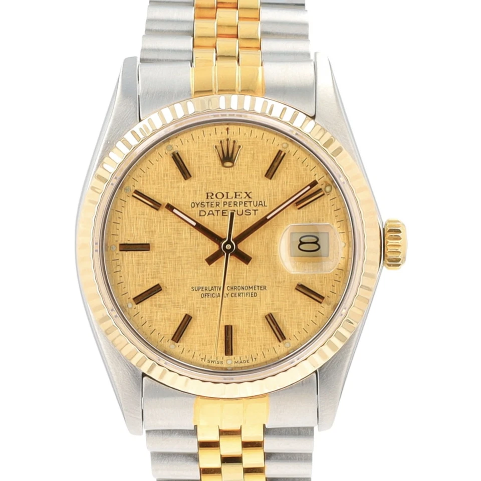 Двухцветные юбилейные часы Rolex Datejust 16013 с льняным циферблатом цвета шампанского 18 кГ рифленые - Изображение 1 из 4