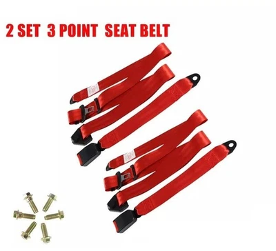 2 Retractable 3 Point Safety Red Seat Belt Straps Vehicle Adjustable Belt Kit - Image 1 of 4