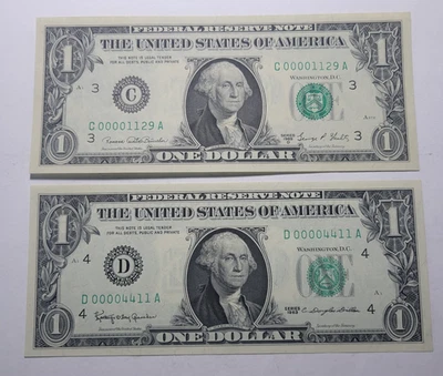 Series 1963/1969 Fed Res $1 Note 4-Digit Serial #1129 + #4411 ~ Gem Uncirculated - Image 1 of 4