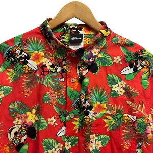 Disney Mens M Hawaiian Mickey/Minnie Mouse Surfing Red Floral Shirt Rayon/Cotton - Picture 1 of 5