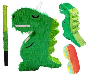 PIÑATA DINOSAURIO CON PALO BASH Y MÁSCARA CON VENDA PARA LOS OJOS T-REX JUEGO DE FIESTA COLGANTE - Imagen 1 de 9