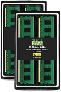 NEMIX RAM 32GB (4X8GB) DDR3 1600MHZ PC3-12800 2Rx8 1.35V 240-PIN ECC UDIMM Un... - Picture 1 of 6