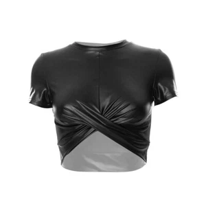 Women Faux Leather PU Crop Top Fit Short Sleeve Sexy Crew Neck Punk Top Slim - Picture 1 of 10