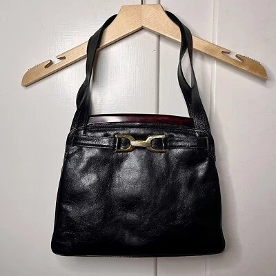 Bolso de mano vintage Pistore de cuero negro con baquelita ámbar y herrajes en tono dorado Foto 1 de 4