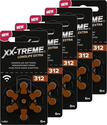 30 x XX-TREME 312 PR41 ZL3 Hörgerätebatterien Knopfzellen braun + MHD 2028 +